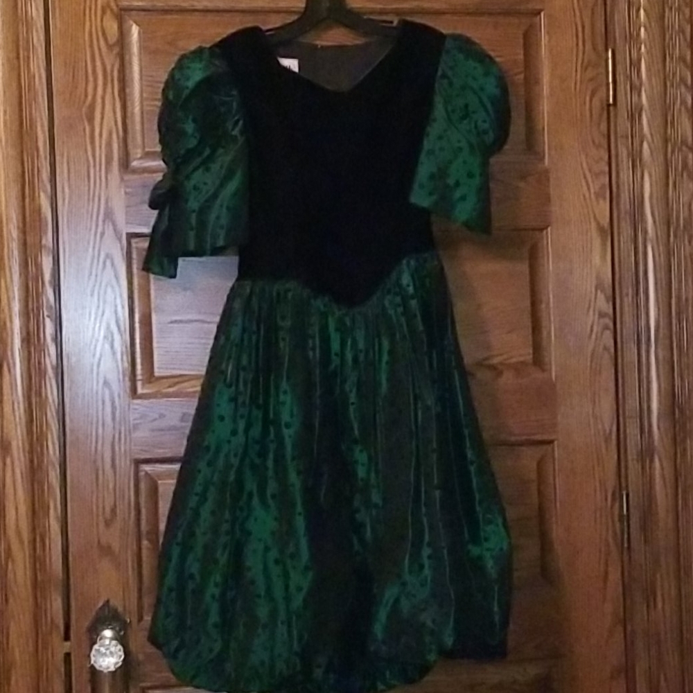 Beautiful green satin velour victorian girls dress